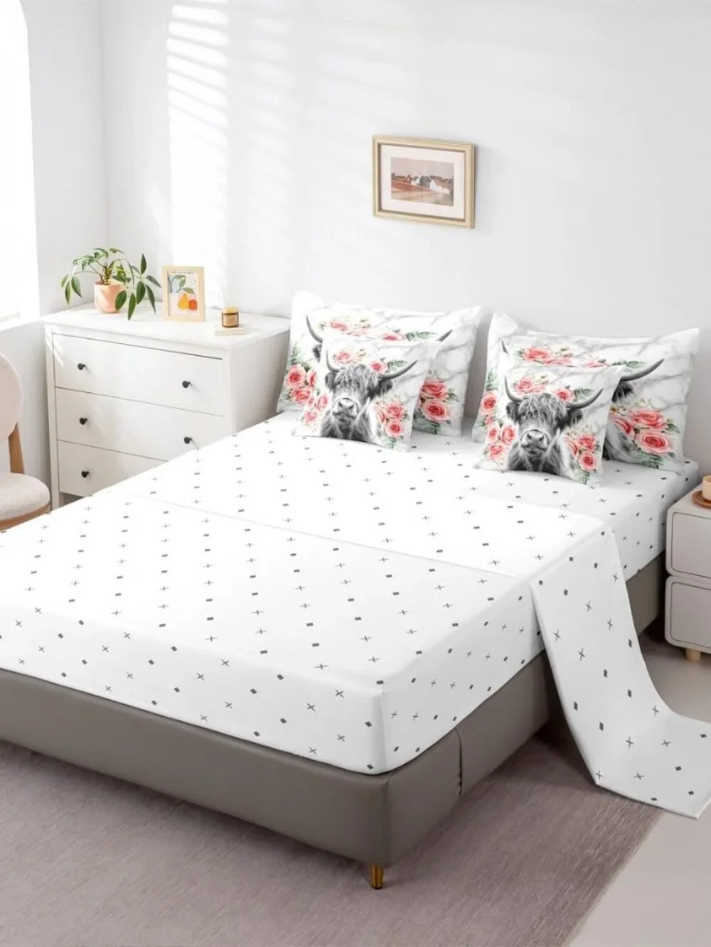 Highland Cow Flower Full Comforter Set with Sheets 7 Piece Rose Grey Marble Bed